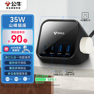 Bull (bull) 35w pd apple fast charging socket/strip board/socket strip/wiring board 2c2a+3 jacks total length 1.5 meters total output 35w gnv-ms1353 master control switch