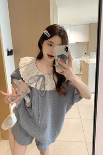 蕉内（Bananain）睡衣女春季长袖长裤韩版甜美蕾丝波点纱布家居服两件套装秋夏 牛仔蓝短袖短裤 M