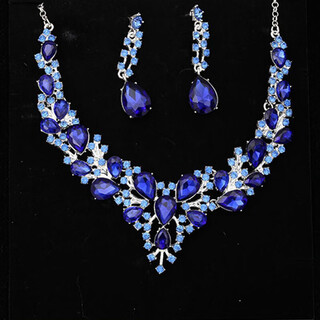 Wedding dress with gorgeous necklace, versatile evening dress, crystal gem collarbone necklace, earrings, sapphire blue