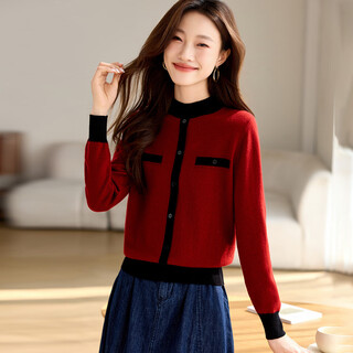 Shexi (srcr) thick 100% wool sweater, red sweater for women in the year of birth, spring and autumn short style, small fragrance knitted bottoming shirt