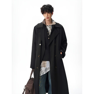 Oemg mid-length british fashion brand double-breasted over-the-knee windbreaker men's coat spring and autumn new retro suit collar coat black l recommended 100-110jin jin equals 0.5 kg