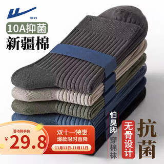 回力袜子男秋冬新款新疆棉吸汗中筒袜【10A抑菌】防臭运动商务男袜 黑色 【10A抑菌】 5双 均码