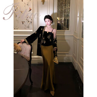 杜屁屁桃原创【墨研秋华】新中式国风女刺绣珠绣丝绒人丝外套套装 墨研秋华 短裤 黛黑色 XS