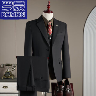 Romon high-end wool suit men's no-iron groom's wedding dress british business formal small suit men's jacket black three-piece suit top + pants + vest 3xl 56 148-160jin jin equals 0.5 kg to wear