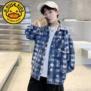 G.duck children's clothing boys' autumn shirts spring and autumn 2025 new style medium and large children handsome boys autumn plaid shirt trendy blue spring and autumn 120 cm
