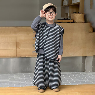 Woati international imported big brand children's clothing boys' autumn clothes korean style long-sleeved three-piece set 2025 spring and autumn new children's loose gray three-piece set physical counter mall quality 100 cm recommended height 91-100cm