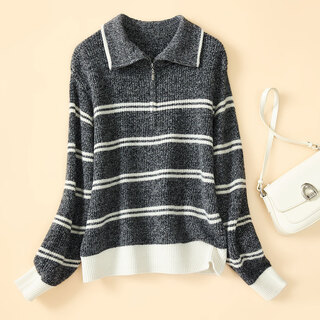 Golden chrysanthemum yarn gold silk sheep wool winter new style lapel half zipper striped fashion casual sweater women's wool sweater