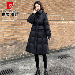 Pierre cardin 2026 new down jacket women's mid-length slim waist stand collar black top versatile thickened jacket coat women black s (recommended 90-105 jin jin equals 0.5 kg)