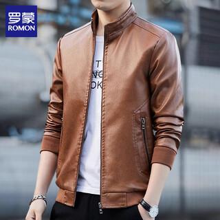 Romon leather jacket men's stand collar cycling jacket 2025 autumn and winter new fashion casual leather jacket men 1926 yellow m 90-110jin jin equals 0.5 kg