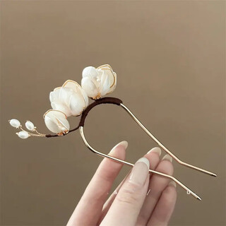 Antimei high-end magnolia bud hairpin, new chinese style metal u-shaped hairpin, gentle temperament, ancient style headwear, hanfu accessories 1# white magnolia u-shaped hairpin