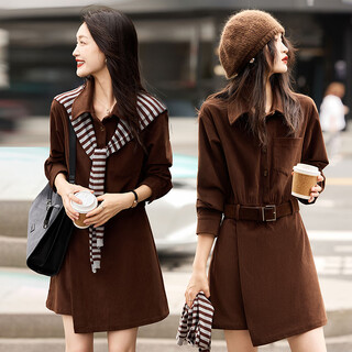 Awakening paradise, retro high-end belt, autumn fashion slimming striped shawl lapel shirt dress, coffee color s