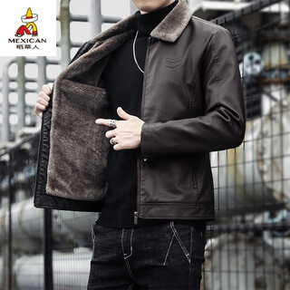 Scarecrow (mexican) haining leather men's autumn and winter thickened warm jackets young and middle-aged fur collar soft leather jackets winter men's brown velvet thickened m recommended 100-115 jin jin equals 0.5 kg