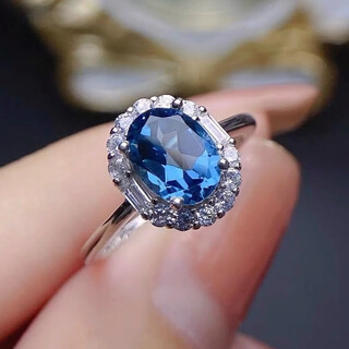 China university of geosciences natural topaz ring s925 pure silver crystal full clear, london blue 6*8mm