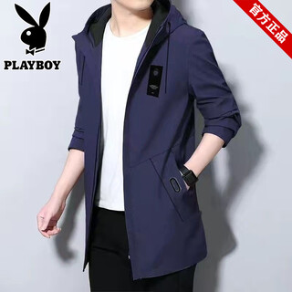 花花公子中长款连帽百搭休闲风衣外套秋冬新款休闲宽松百搭韩版潮流大衣 8929藏青/不加绒[春秋] M 90-110斤
