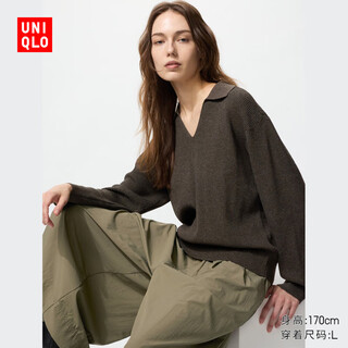 Uniqlo women's machine washable ribbed half-open collar sweater/sweater 25 autumn and winter new style 480414 35 light brown m