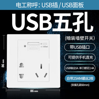Switch with usb port smart socket 5 five-hole two-three plug power plug 86 type single electrical port jack a concealed single usb five-hole classic white g06 (round hole)