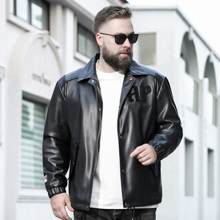 九九王九牧王大码男装人造革皮衣商务休闲胖子加肥机车风翻领夹克外套厚 黑色 3XL