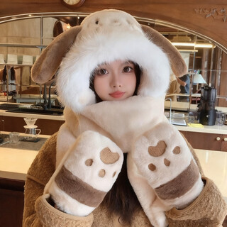 Plush hat and scarf all-in-one women's autumn and winter high-end 2025 new cute thickened warm scarf cycling hat beige with airbags - ears can move