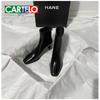 Cartelo crocodile brown thick heel short boots for women autumn and winter new style french ankle boots high heel back zipper square toe slim boots new black heel high single 5cm 34