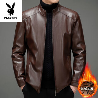 Playboy (playboy) высококачественное мужское осенне-зимнее пальто из натуральной кожи плюс бархатный слой на голове из овчины с лацканами повседневная кожаная куртка для папы средних лет 801 воротник-стойка кофейного цвета без масла кожа плюс бархат l 175 120-135jin jin равен 0,5 кг