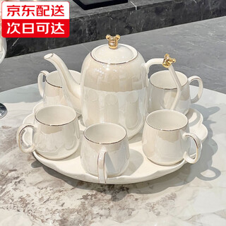 Ruishun light luxury high-end tea set new water cup household living room tea cup housewarming gift pearlescent golden bear tea set (6 cups 1 pot 1 tray) gift box