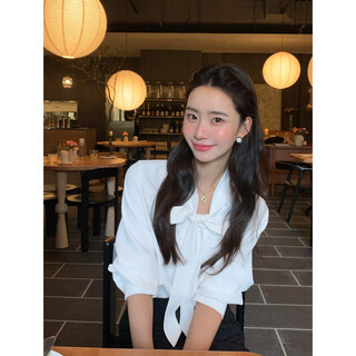 Pusumede moonlight flicker lace-up bow white shirt feminine commuting shirt design top white m