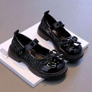 Maizun yufu 2025 spring and autumn korean version new girls' single shoes small leather shoes western style performance princess soft sole fragrance style mary middle-aged children black small fragrance style performance shoes size 27 inner length 16.6cm
