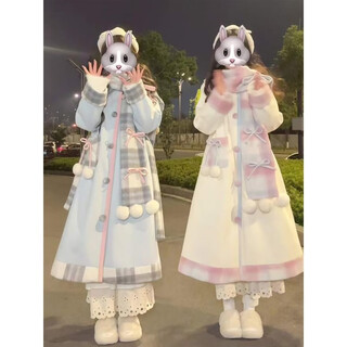 Cream coco autumn and winter cute bow plaid sweet girly scarf woolen long coat college set pink plaid scarf + cream apricot velvet jacket two-piece set one size l