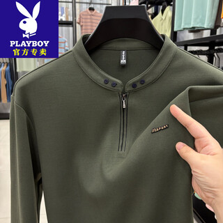Playboy (playboy) men's high-end brand autumn henry collar sweatshirt men's casual sports half-zip t-shirt long-sleeved bottoming shirt for men army green pl-25714 m