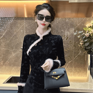 Miss right's new chinese style western style long sleeve color blocked shirt women's 2025 winter new fashion temperament waist slimming top bottoming shirt l