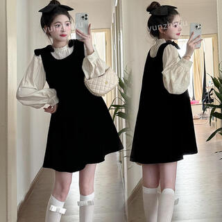 Ariana maternity clothes autumn new bow velvet maternity vest dress + fungus hem shirt sweet shirt m
