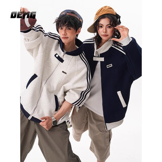 Oemg american velvet thickened striped cardigan sweatshirt men's autumn and winter baseball uniform trendy brand top warm jacket white flower gray high quality xl recommended 110-130jin jin equals 0.5 kg