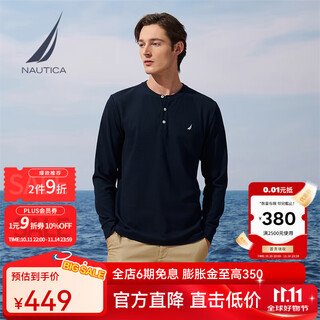 Nautica shopping mall same style men's 25 autumn and winter new cotton blended waffle henley collar long-sleeved t-shirt for men to5303 navy 4nv l