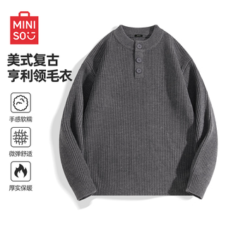 Miniso sweater men's autumn and winter loose casual versatile henley collar pullover sweater dark gray l