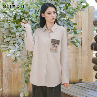 谜底谜底衬衣长袖2025冬新品简约宽松中长款毛织贴袋衬衫女254MC1720 霜杏 S