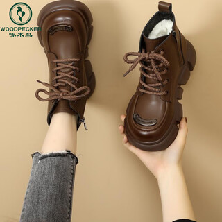 Woodpecker broken code brand genuine leather fashion snow boots fur one-piece short boots martin boots winter velvet thickened cotton boots thick sole brown velvet lining 37