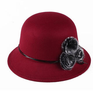 Pisces rabbit hat women's autumn and winter bowler hat wool women's basin hat fashion hat rich style new style woolen three hair balls wine red adult style (57cm)