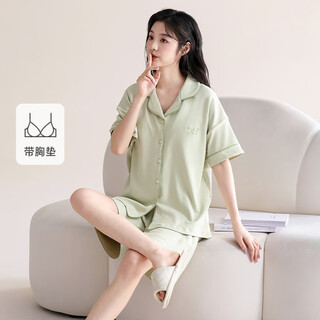 都市丽人纯棉睡衣女款秋冬2025新款长袖简约大码可外穿家居服套装 青草绿-短袖短裤 XL