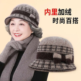 Chajin autumn and winter casual mother's woolen hat for middle-aged and elderly women, old lady and elderly hat, women's winter plus velvet to keep grandma warm, plaid bow-khaki