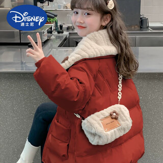 Disney girls' cotton clothes winter clothes 2025 new style children's winter thickened internet celebrity cotton clothes girls' down cotton jackets official flagship red + bag 140
