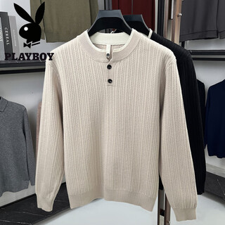Playboy cleanfit henley collar sweater men's autumn and winter loose inner sweater lazy style fake two-piece off-white l