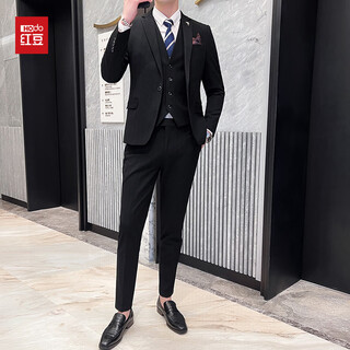 Red bean suit men's korean style handsome striped suit business formal small suit three-piece groom's wedding dress black single suit m