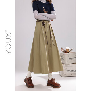 Youxiang amber cold light khaki skirt women's 2025 autumn new high waist slim a-line skirt umbrella skirt khaki belt l l