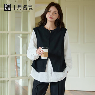 October mingshang maternity tops 2025 spring and autumn new fashion loose simple round neck fake two-piece long sleeve shirt maternity clothes black l