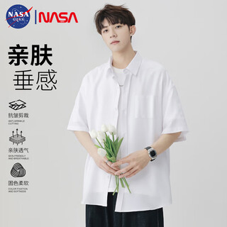 Nasa giss short-sleeved shirt men's casual solid color loose shirt jacket for men and women, versatile top, white xl