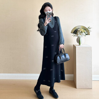 Ranqi mommy maternity clothing autumn and winter suit 2025 new pregnant mom high-end wear sweater knitted slip dress autumn and winter black suit xl