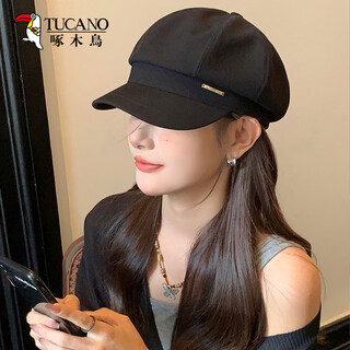 Woodpecker beret women's hat 2025 autumn and winter new newsboy hat big head circumference showing face small octagonal hat painter hat black one size