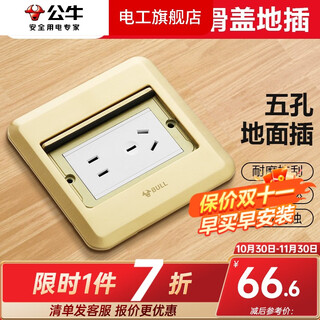 公牛地插座隐藏嵌入式隐形地插纯平防溅水超薄全铜网络开关插座面板 五孔地插 金色