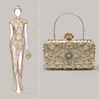 Janeregina jane regina elegant cheongsam dress matching evening bag exquisite bead embroidery clutch bag women's enlargeable screen mobile phone small square bag light champagne color hard handbag + metal long chain