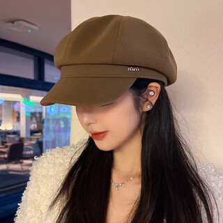 Wine style senior korean style autumn and winter women's beret women's octagonal big head circumference showing face small fashionable western style octagonal hat three-dimensional coffee color